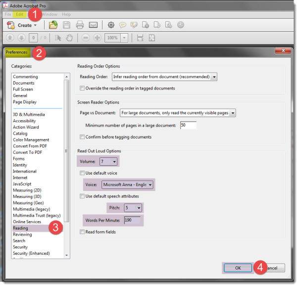 Sceenshot of Adobe Acrobat Pro Settings window